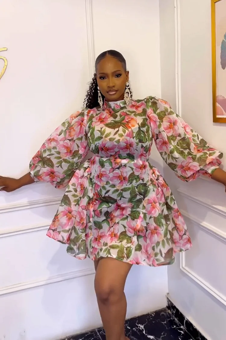 Floral Print 3/4 Bell Sleeve A-Line Vacation Mini Dresses-Green [Pre Order]