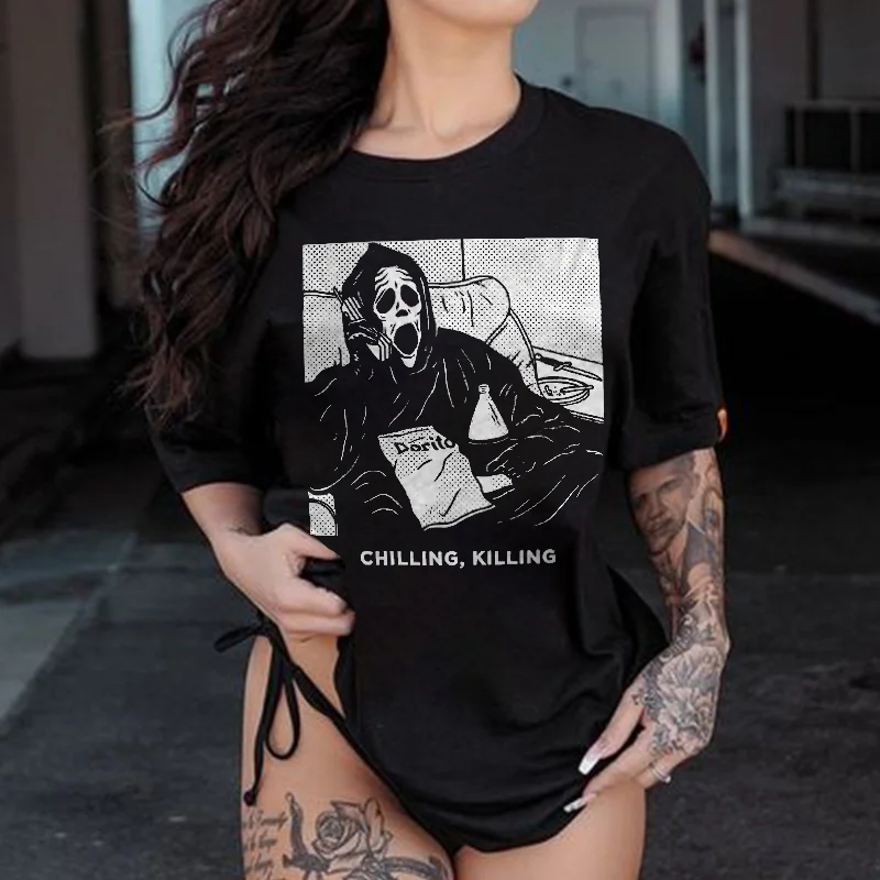 Chilling, Killing Skull Printed Women's T-shirt -  