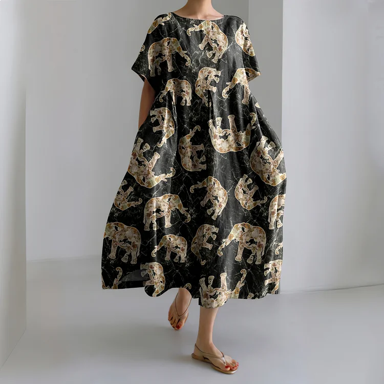 Comstylish Vintage Save Animals Only Elephants Should Wear Ivory In Marble Pattern Linen Blend Maxi Dress