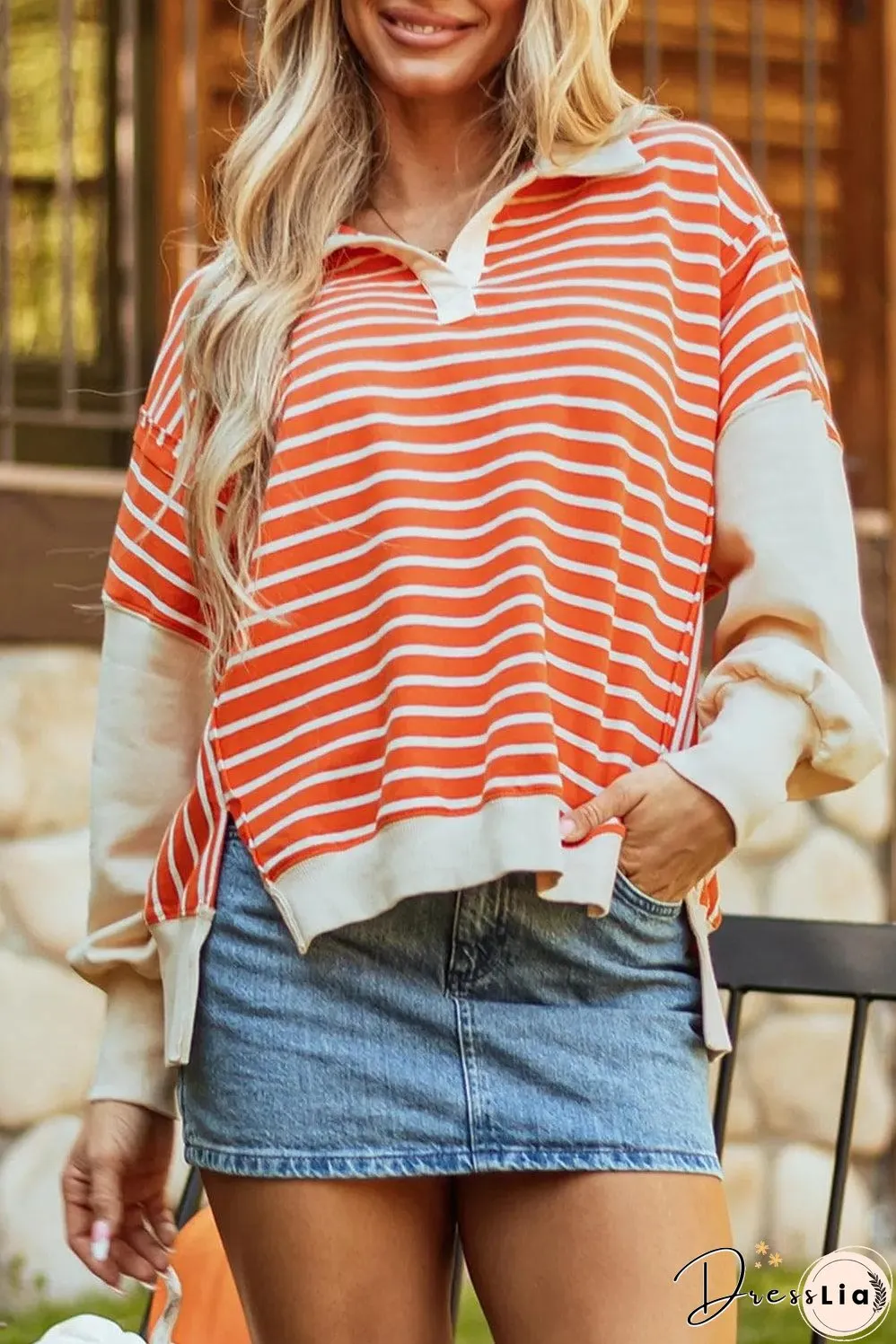 Orange Stripe Color Block Loose Fit Collared Drop Shoulder Sweatshirt