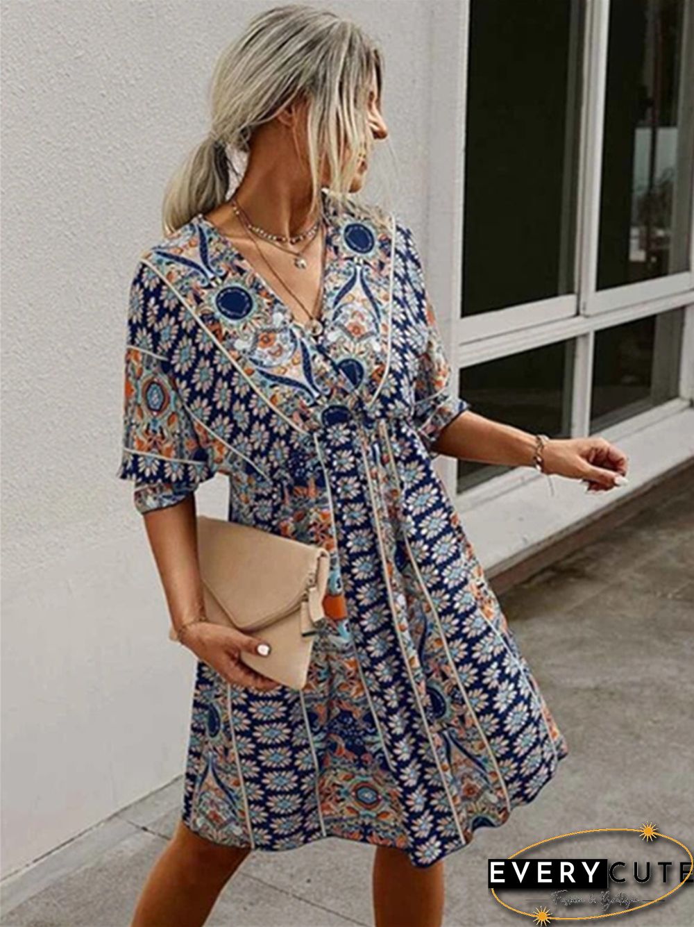 V-neck Waist Print Dress Print Dresses