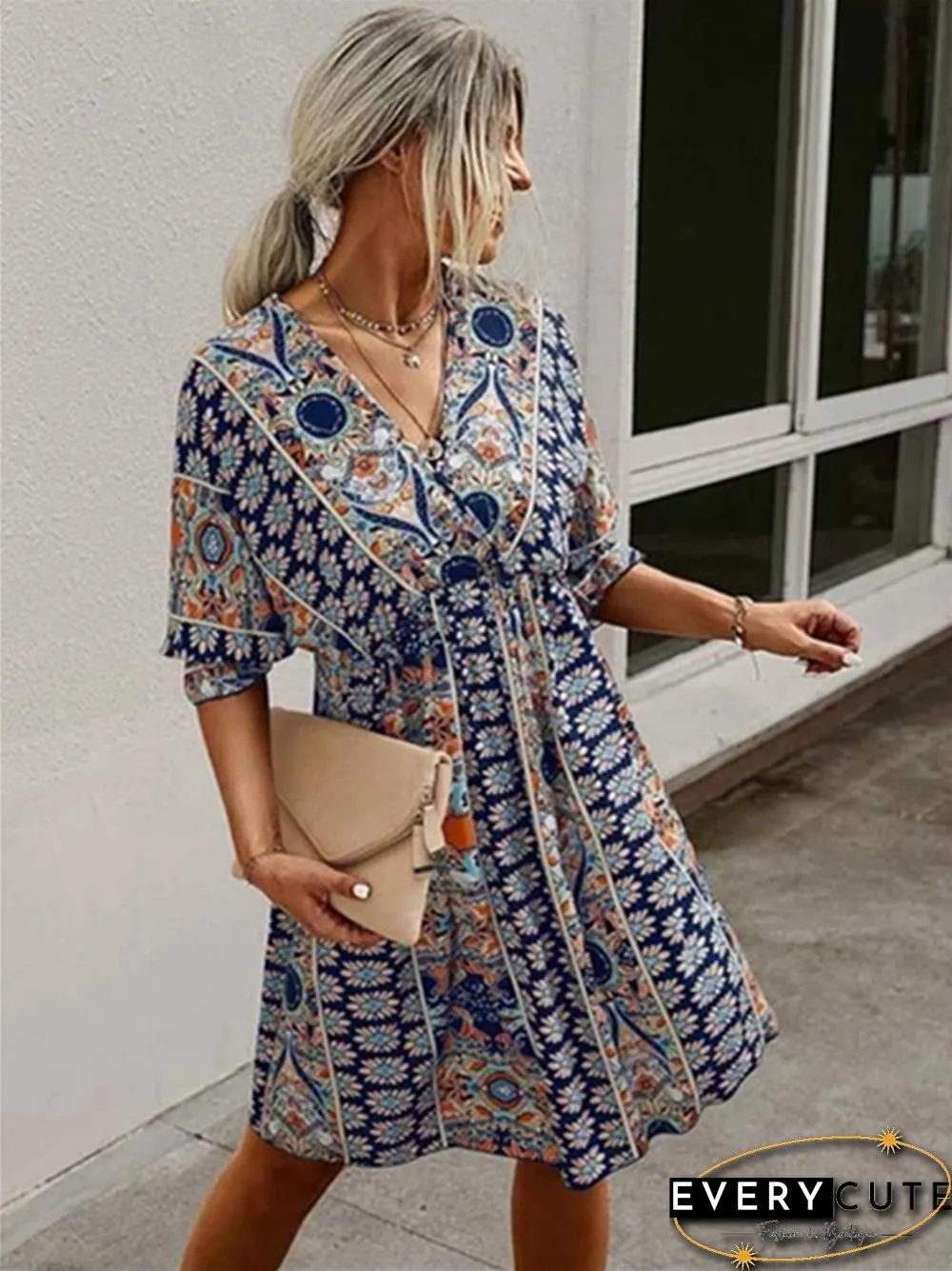 V-neck Waist Print Dress Print Dresses