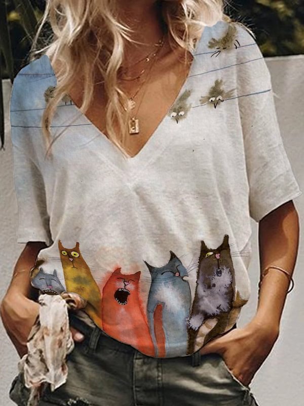 Cat Friends And Birds Funny Printed V-Neck Tee