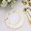 10 Pack | 8" White / Gold Geometric Design Plastic Dessert Plates, Disposable Octagon Salad/Appetizer Party Plates