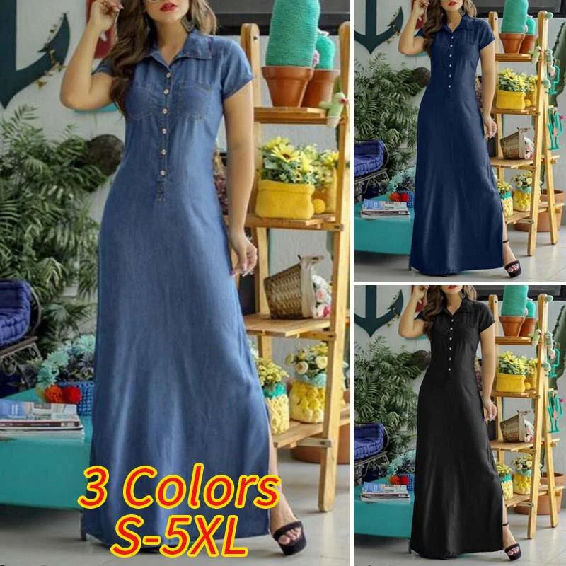 Women Summer Dress 2022 VONDA Casual Turn Down Neck Short Sleeve Demin Dresses  Bohemian Vestidos Femme Sundress