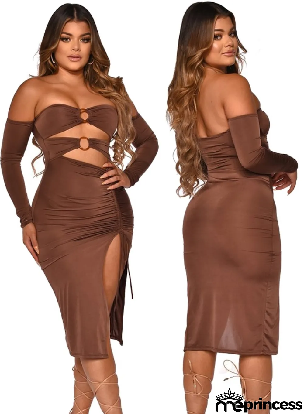 Autumn Brown Cut Out Sexy Strapless O-Ring Side Slit Party Dress