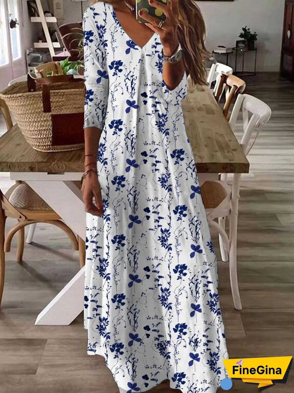 Women Casual Floral Autumn V neck Daily Loose Best Sell A-Line Regular Size Dresses