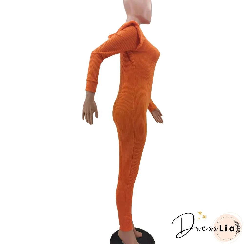 Knitted Long Sleeve Shoulder Padded Hooded Jumpsuit