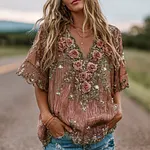 Women's Bohemian Small Floral Sequin Pink V-neck Short Sleeve Top - Image 2