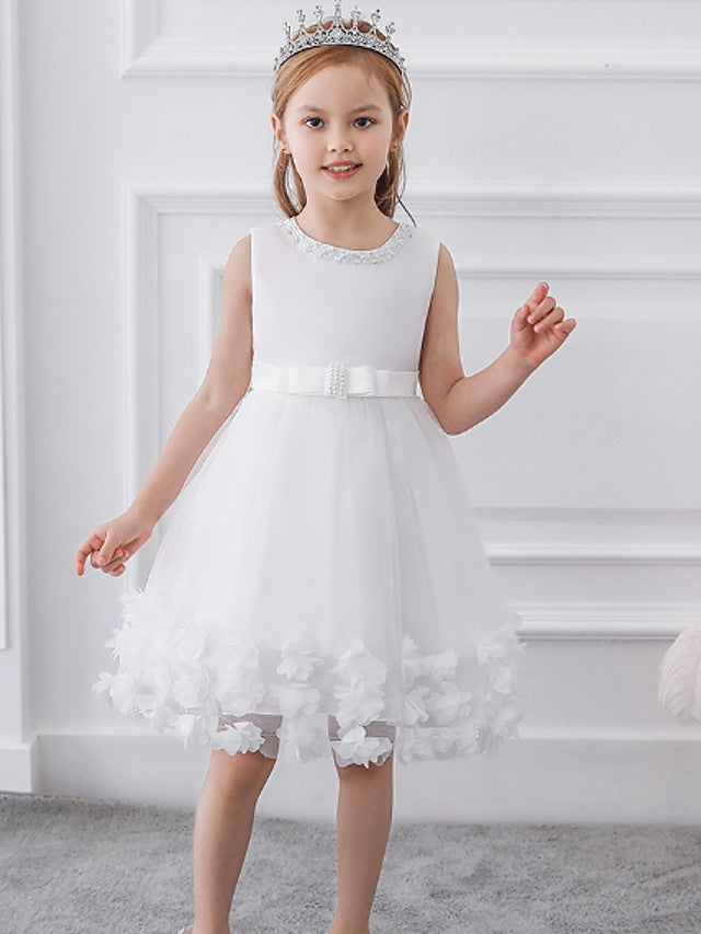 Oknass Ball Gown Sleeveless Jewel Neck Flower Girl Dresses Tulle Satin Chiffon  With Bow Beading  Appliques