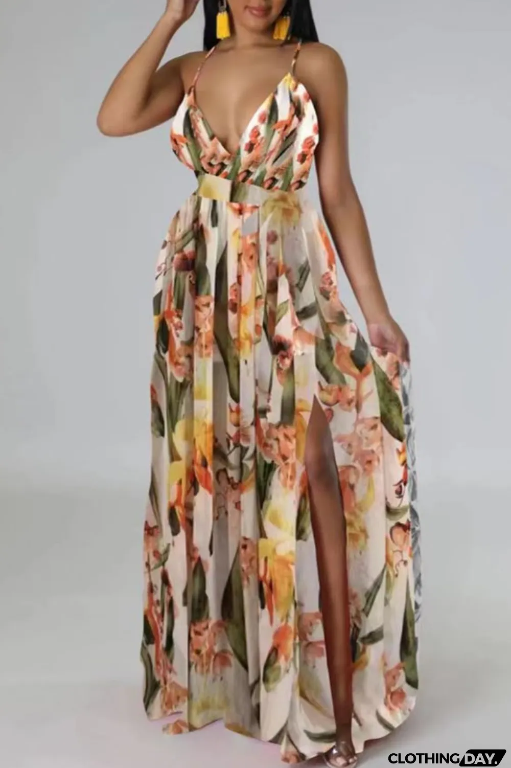 Multi-color Sexy Casual Print Backless Slit Spaghetti Strap Long Dress Dresses