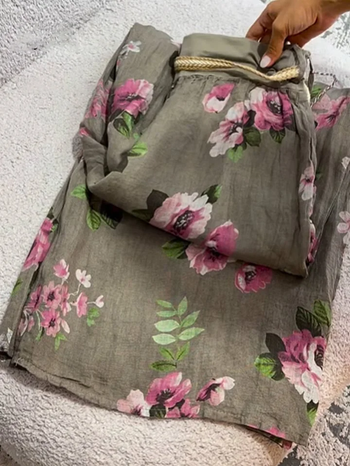 Women's Floral Print Casual Cotton and Linen Pants