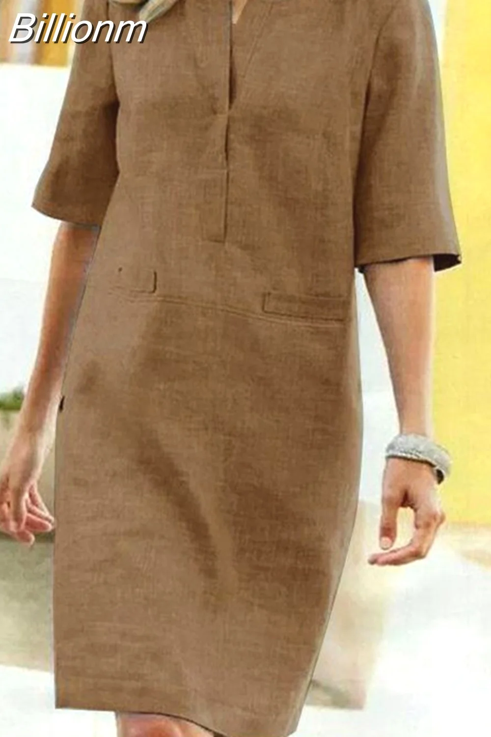 Billionm Color Button O Neck Cotton Linen Summer Dress Women Vintage Short Sleeve Pocket Knee Dress Casual Loose Plus Size Dresses