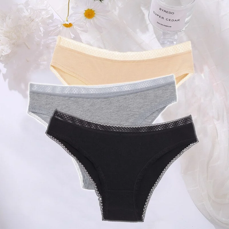 FINETOO 3PCS/Set Cotton Women Mesh Panties Sexy Perspective Lingerie Femme Underwear Girl Underpant Breathable Woman Panty Tanga