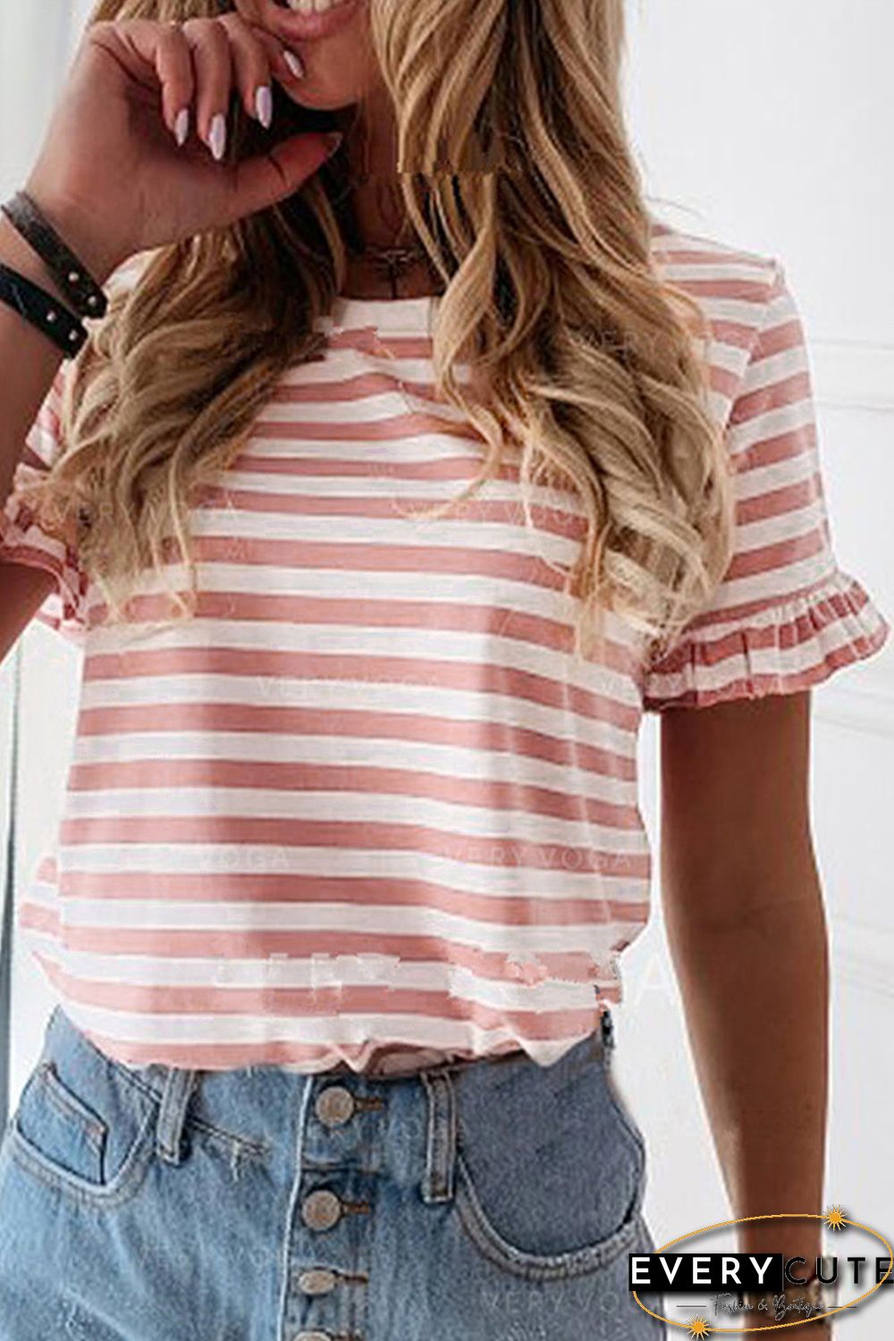 Pink Casual Striped Ruffle Sleeve Short Sleeve T-Shirt