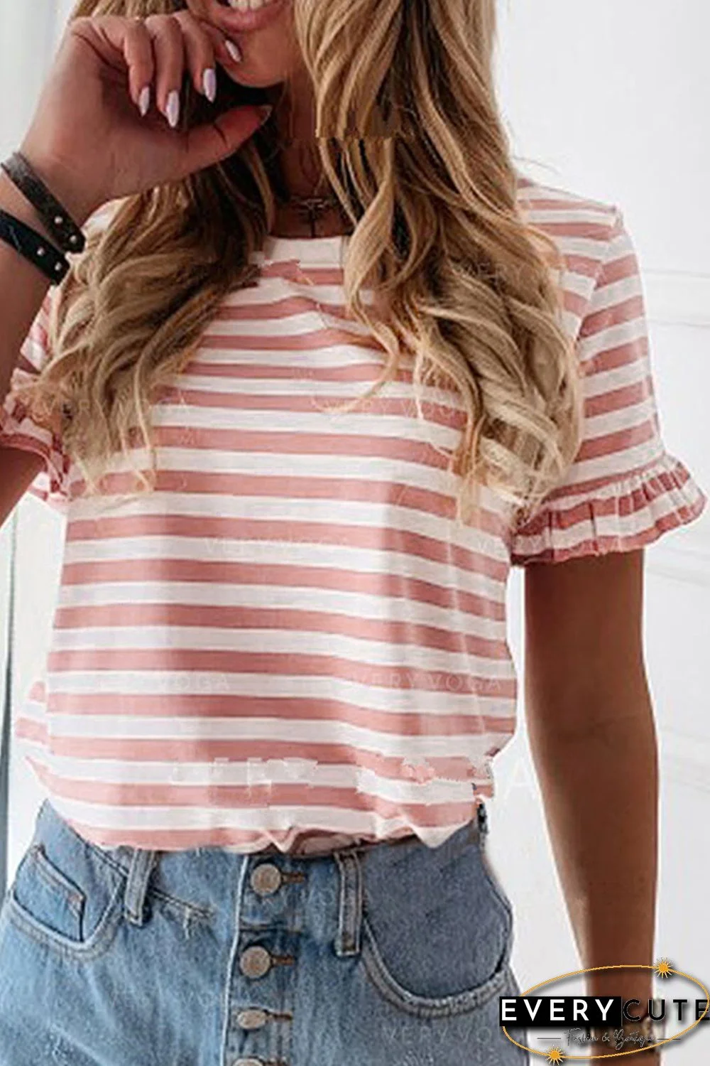 Pink Casual Striped Ruffle Sleeve Short Sleeve T-Shirt