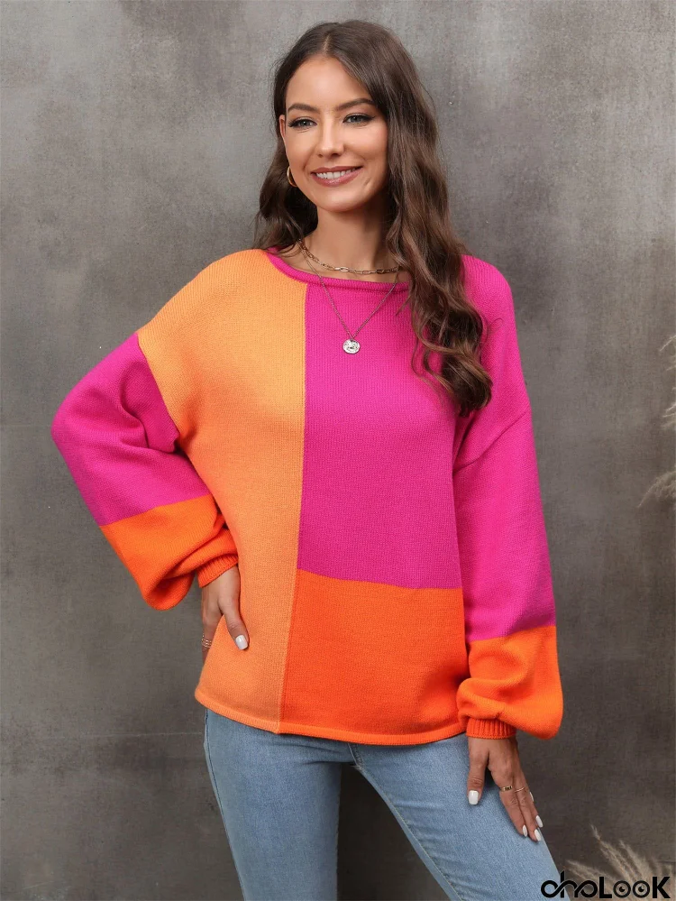 Color Block Round Neck Dropped Shoulder Sweater