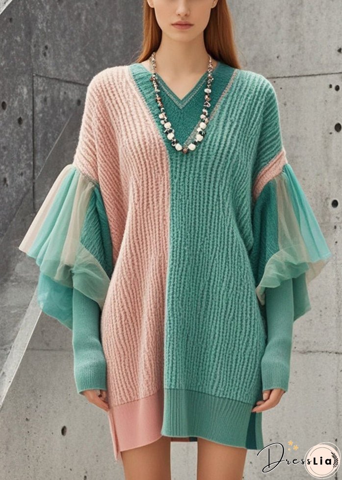 Style Colorblock Oversized Patchwork Side Open Tulle Sweater Dress Fall