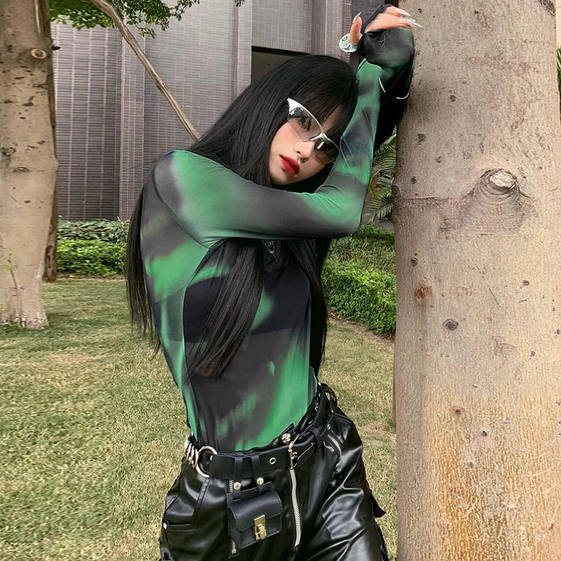 Uveng New Sweet And Cool Gradient Dizzying Mesh Printing Micro-Permeable Long-Sleeved Top Lady