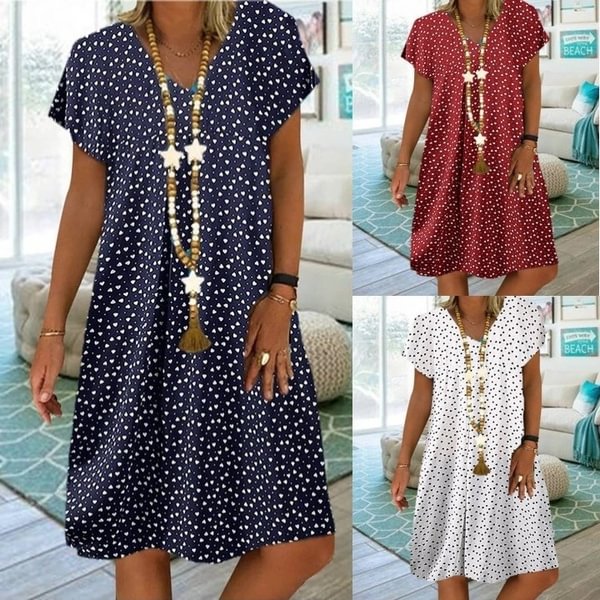 Women Loose Casual Printed V-Neck Long Dress Plus Size Wave Point Dress Summer Dress - Chicaggo