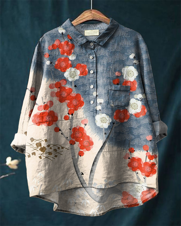 Japanese Floral Art Print Casual Cotton and Linen Shirt