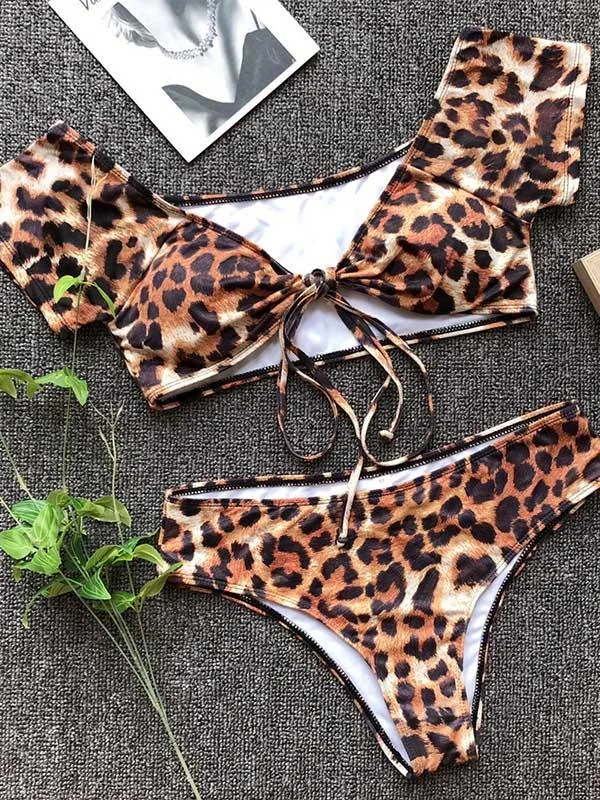 Leopard Print High Waisted Bikini Swimsuit