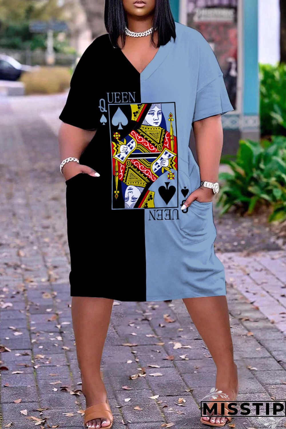 Colour Casual Street Print Patchwork V Neck Straight Dresses