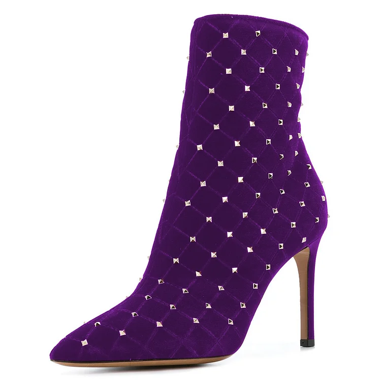 Purple Velvet Studded Boots Stiletto Heel Ankle Booties |FSJ Shoes