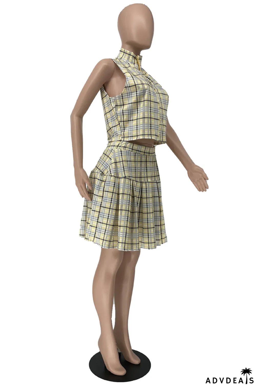 Yellow Fashion Casual Plaid Print Patchwork Zipper Collar Plus Size Two Pieces