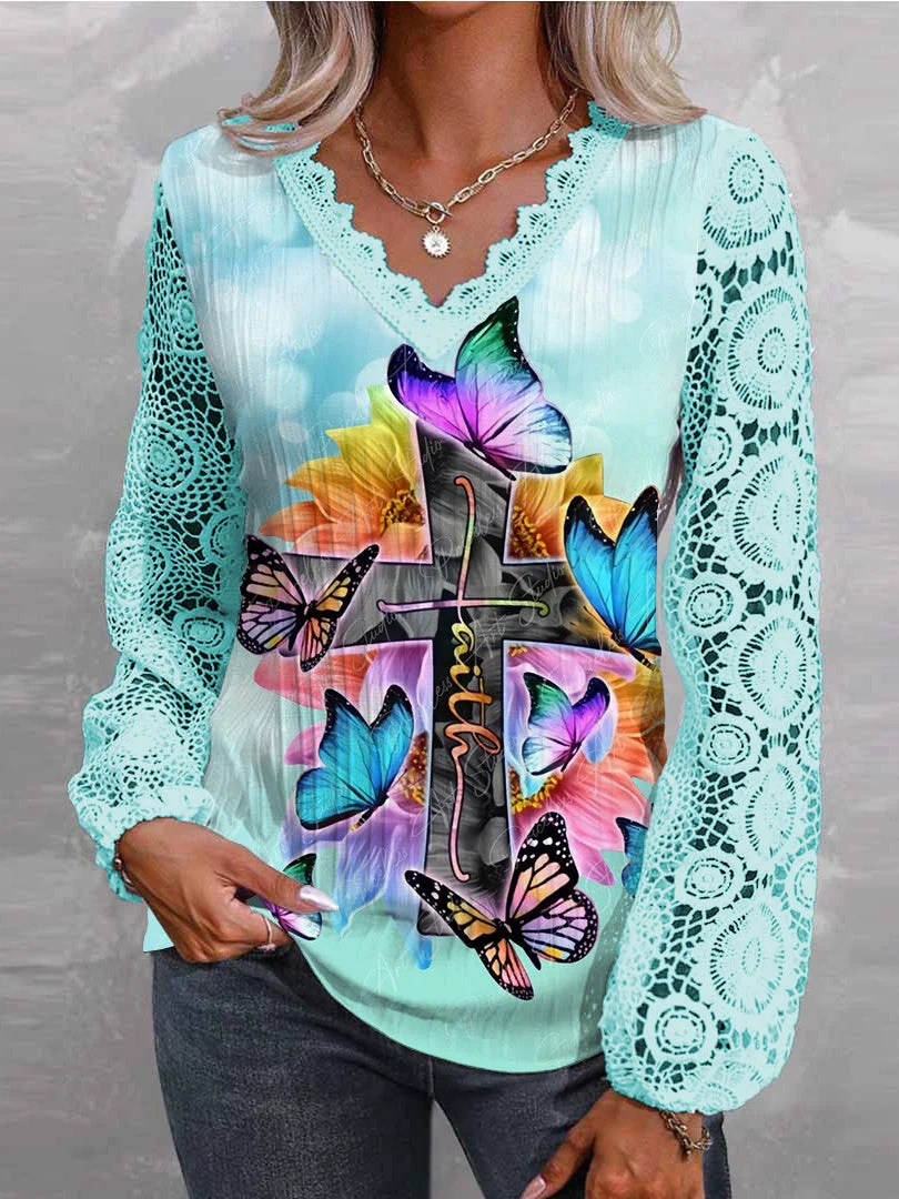 Women plus size clothing Women Long Sleeve V-neck Butterfly Floral Printed Graphic Cross Lace Tops-Nordswear