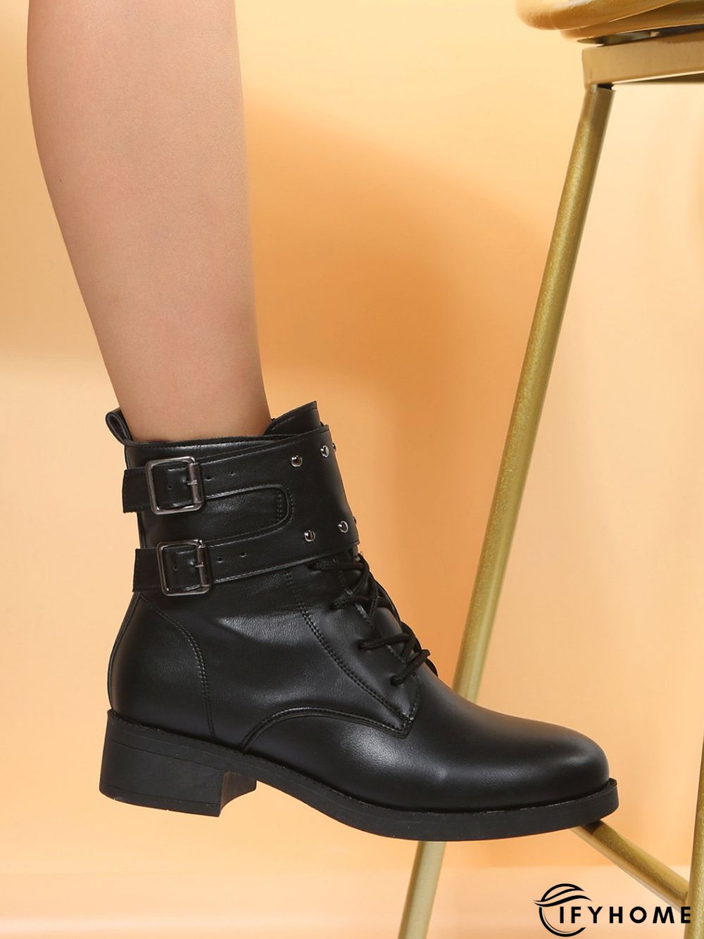 Black Riveted Buckle Coarse Heel Motorcycle Boots | IFYHOME