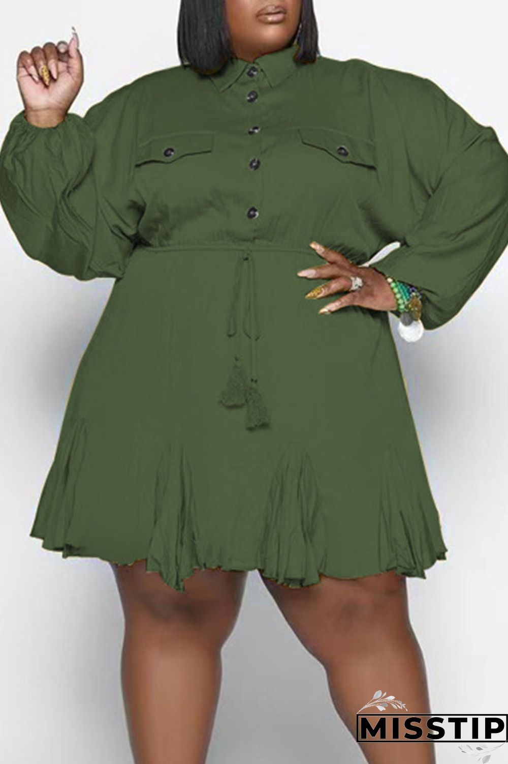 Orange Casual Solid Patchwork Buckle Fold Turndown Collar Straight Plus Size Dresses