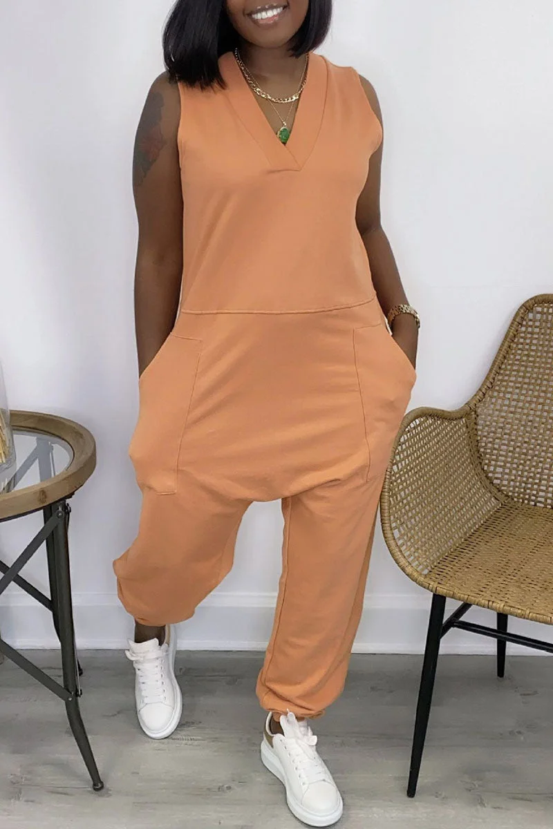 Casual Solid Basic V Neck Regular Sleeveless Jumpsuits