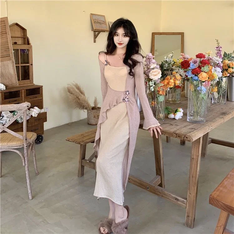 Long-Sleeve Mock Two-Piece Maxi Sheath Dress YP2321