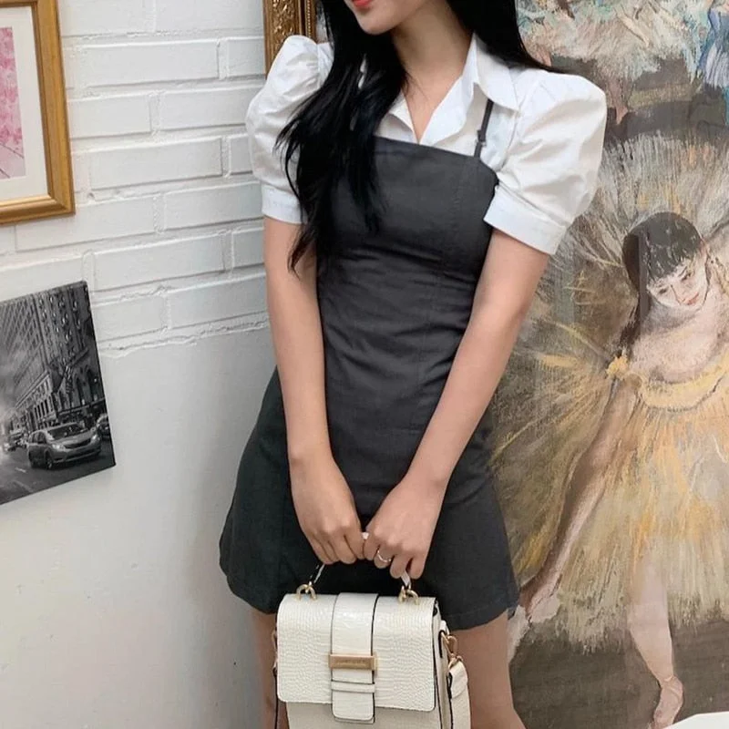 Rapcopter Tie Up Mini Dress Women Two Piece Dress Summer Side Split Cami Dress and Vintage Puff Sleeve Shirt Korean Costume Chic