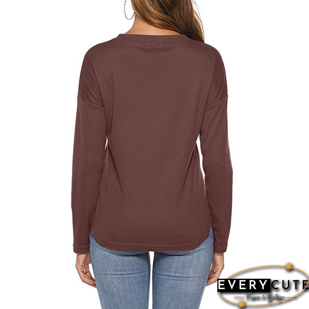 Rust Red O Neck Long Sleeve Casual Tops