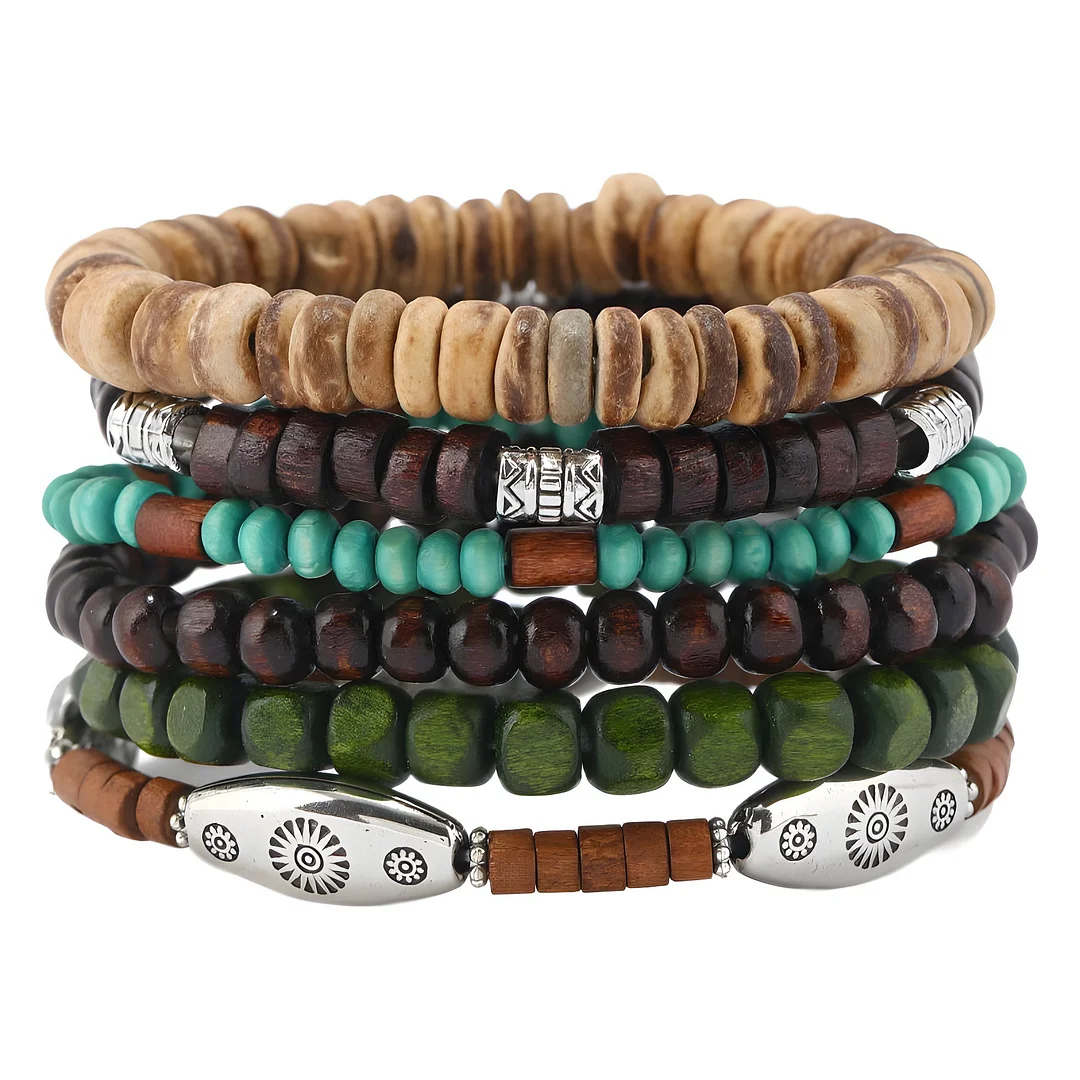 Men's Vintage Alloy Multi-layer Wooden Bead Bracelet-inspireuse