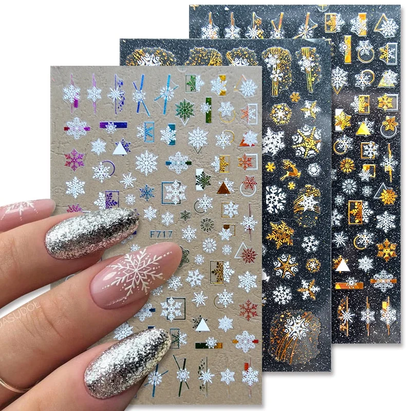 3D Christmas Nail Art Decoration Stickers Sparkly Gold White Colorful  Glitter Geometry Snowflake Winter Slider Nail Foils-Nail Inspo