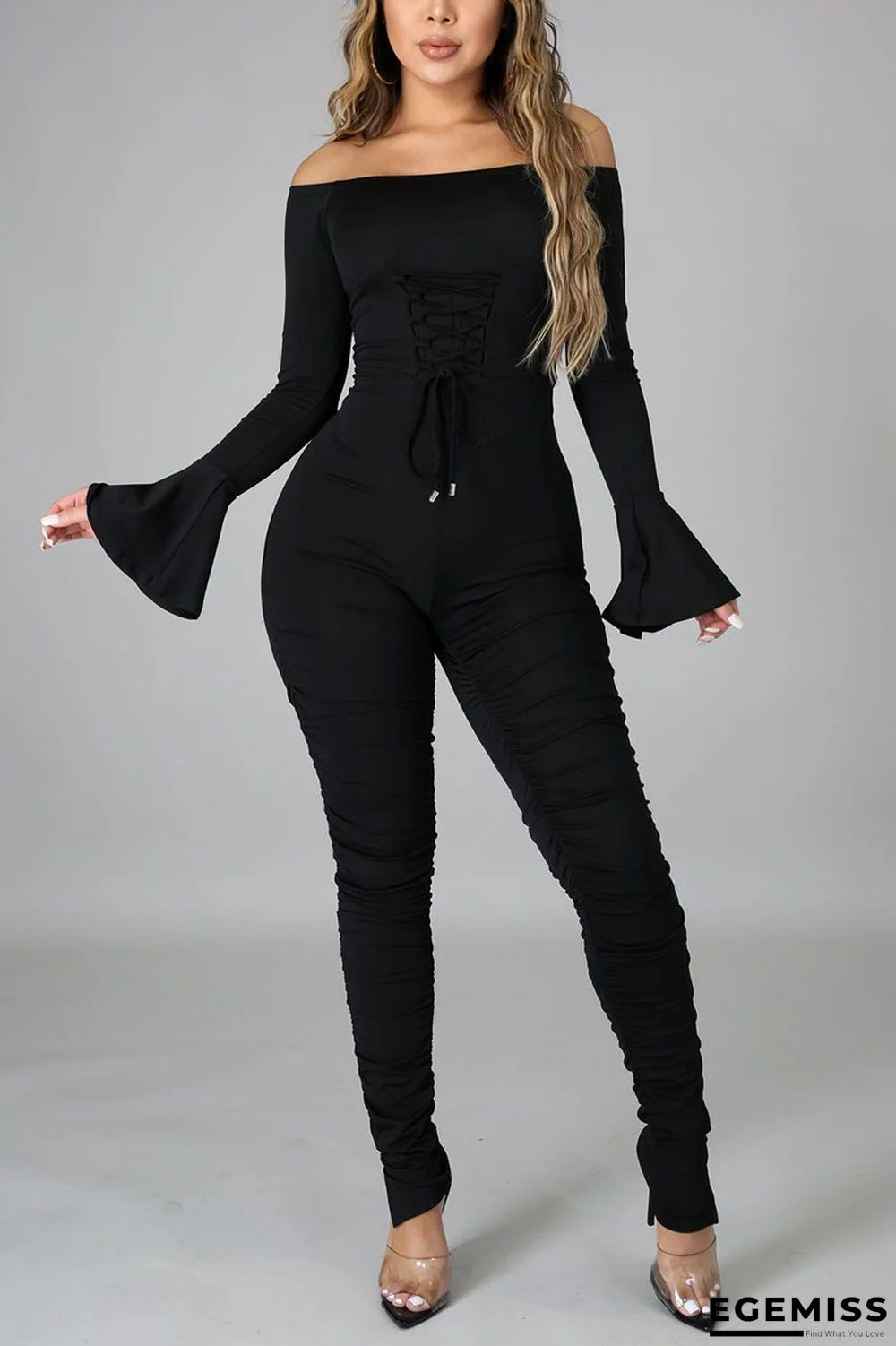 Black Sexy Solid Bandage Slit Fold Bateau Neck Regular Jumpsuits | EGEMISS