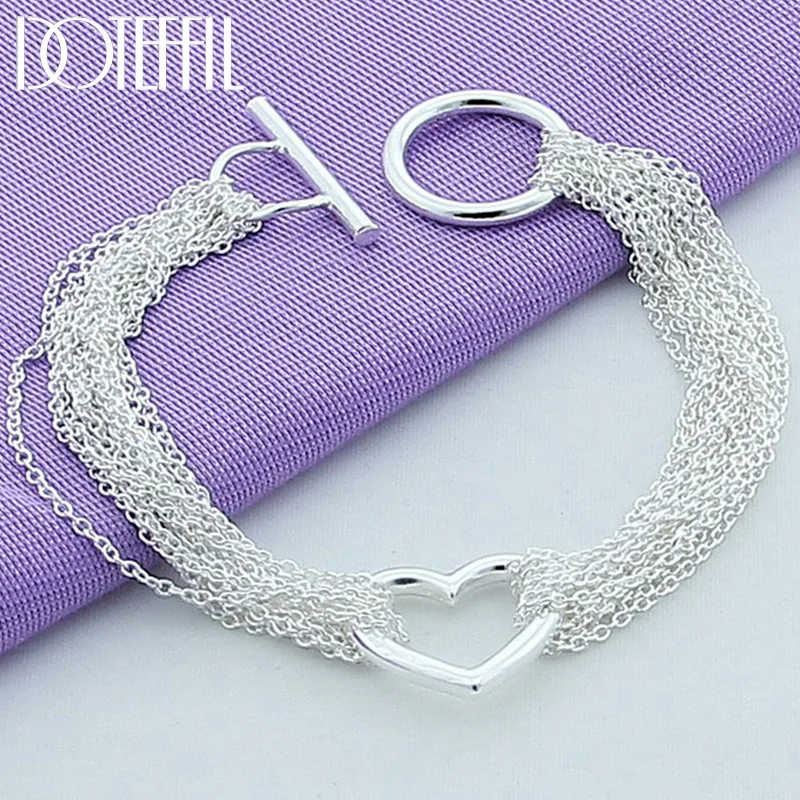DOTEFFIL 925 Sterling Silver Heart Multi-Line Chain Bracelet For Women Jewelry