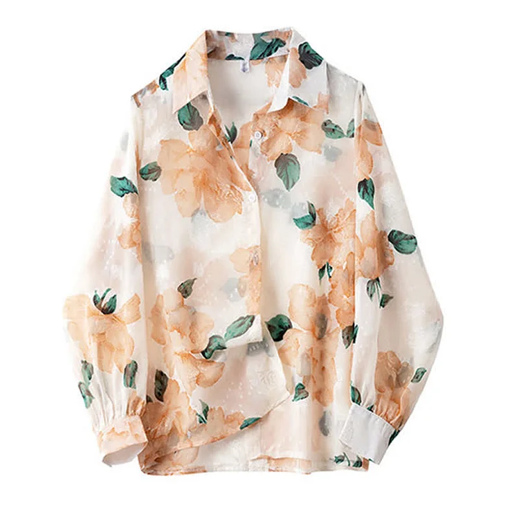 Floral Print Puff Sleeve Lapel Chiffon Shirt Workwear - Modakawa modakawa