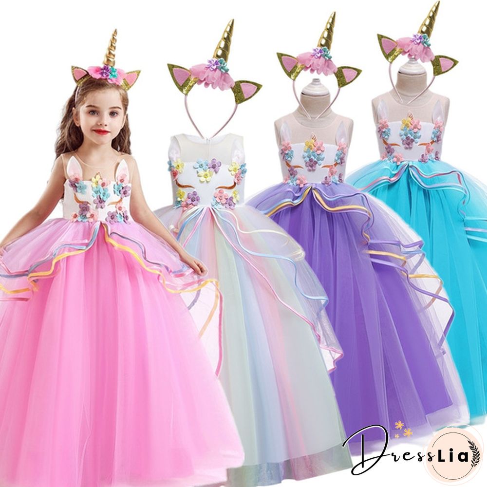 Summer Kids Girl Layered Tulle Unicorn Outfits Dress Headband for Carnival Halloween