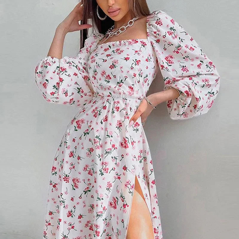 Aiertu Wepbel Cute Dress Sexy Summer Square Collar High Waist Printed Lantern Sleeve Split Dress for Women Elegant Floral Sweat Dress Aiertu