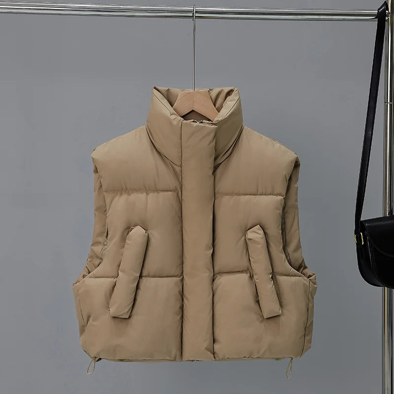 Woherb Standing Collar Short Cotton-Padded Jacket Vest Female 2024 Autumn / Winter New Warm And Fashionable High Waist Vest Bread Suit Coat-Outfit Ideas