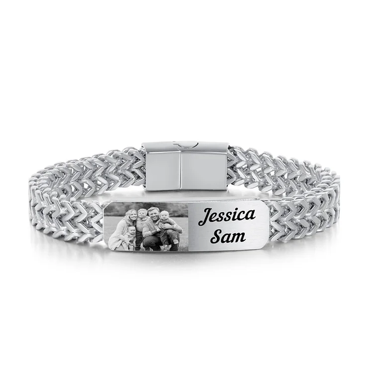 Personalized Photo Bracelet in Silver Fishbone Chain ID Bar Bracelet for Him