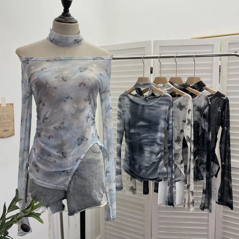 Nigikala Nigikala Tie-Dye-Print Single-Layer Mesh Yarn Lint Sun Hoodie Irregular Long-Sleeved T-Shirt Repair On The Body 1962