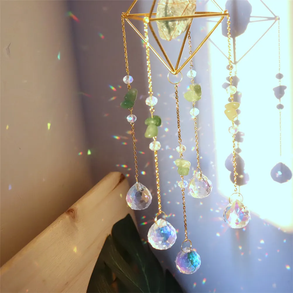 Crystal Wind Chimes Natural Stone Prism Light Catcher Garden Decor (Green)
