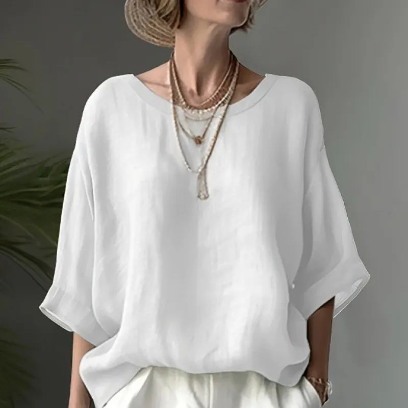 Women's Linen Cotton Batwing Sleeve Round Neck Blouse
