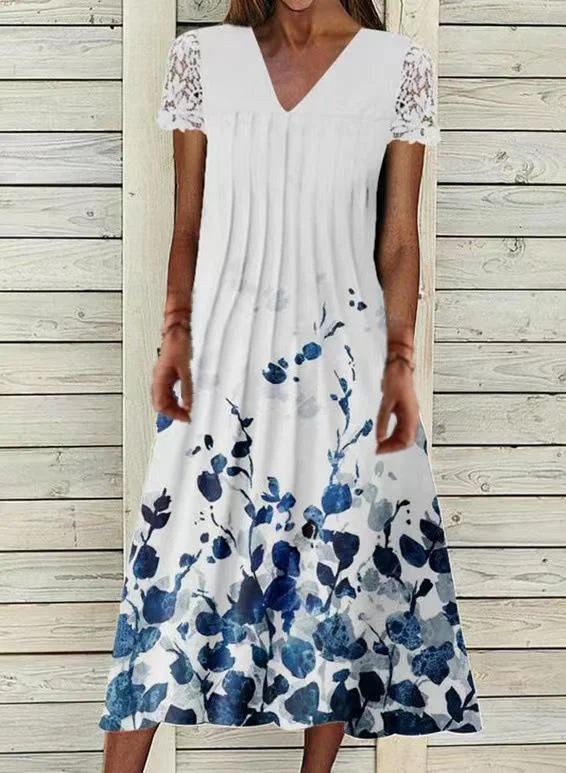 Women's Spring Summer Floral Print Pullover Midi Dress