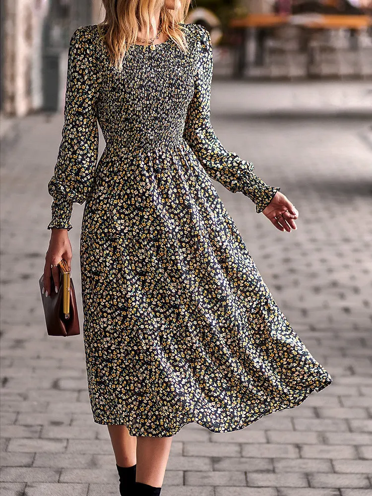 Women Long Sleeve Floral Printed Scoop Neck Dress